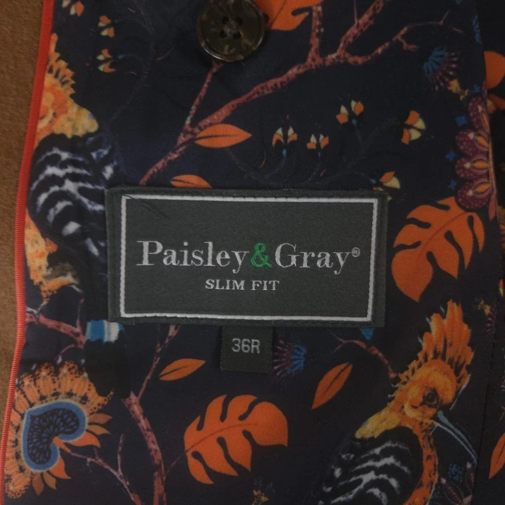 Paisley & Gray Blazer Mens 36R Brown Slim Fit Wool Blend Bird Floral Lining Coat